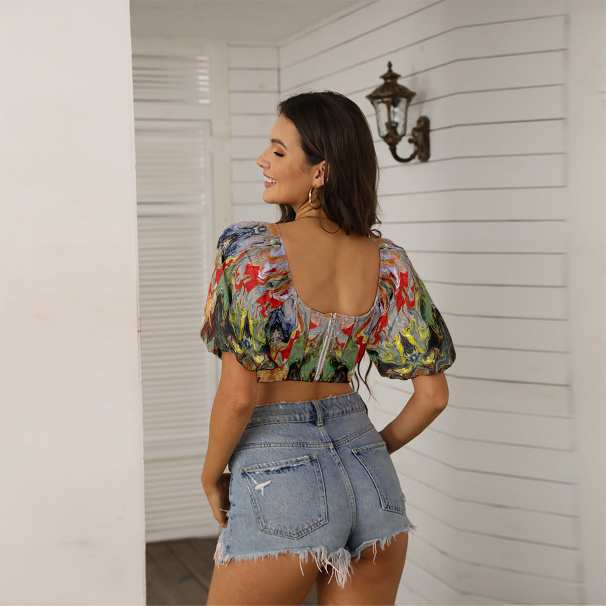 Women's Square Collar Cropped Top With Puff Sleeve
