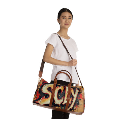 SCLY Leather Waterproof Travel Bag with Graffiti Design, Stylish Duffle Bag for Adventure, Sports, Gym, Beach, Perfect Gift for Travelers