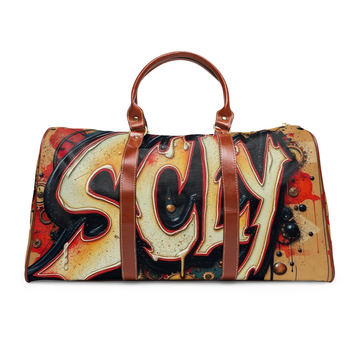 SCLY Leather Waterproof Travel Bag with Graffiti Design, Stylish Duffle Bag for Adventure, Sports, Gym, Beach, Perfect Gift for Travelers