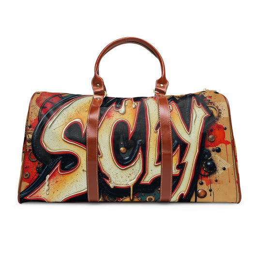 SCLY Leather Waterproof Travel Bag with Graffiti Design, Stylish Duffle Bag for Adventure, Sports, Gym, Beach, Perfect Gift for Travelers