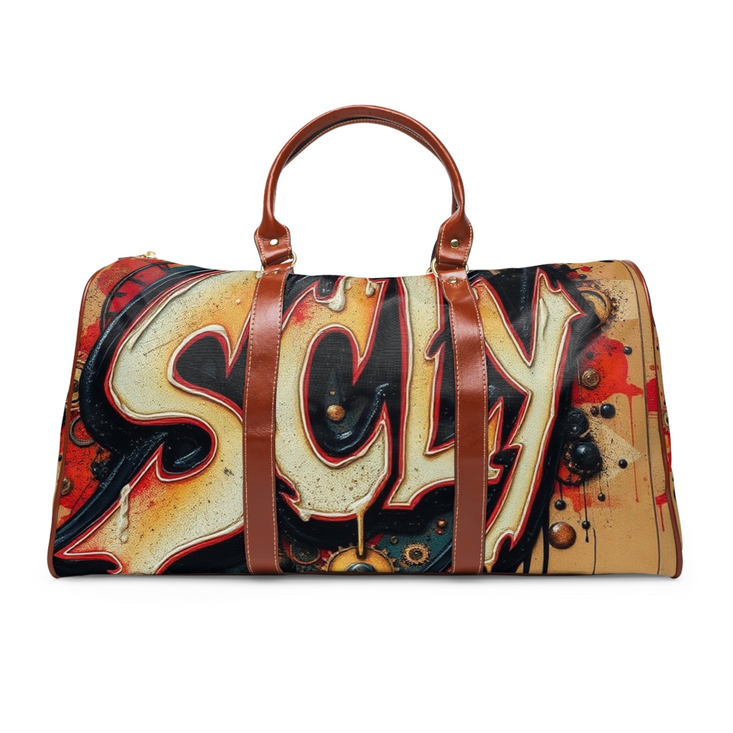 SCLY Leather Waterproof Travel Bag with Graffiti Design, Stylish Duffle Bag for Adventure, Sports, Gym, Beach, Perfect Gift for Travelers