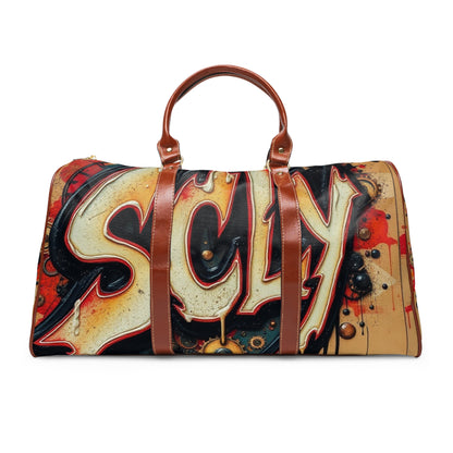 SCLY Leather Waterproof Travel Bag with Graffiti Design, Stylish Duffle Bag for Adventure, Sports, Gym, Beach, Perfect Gift for Travelers