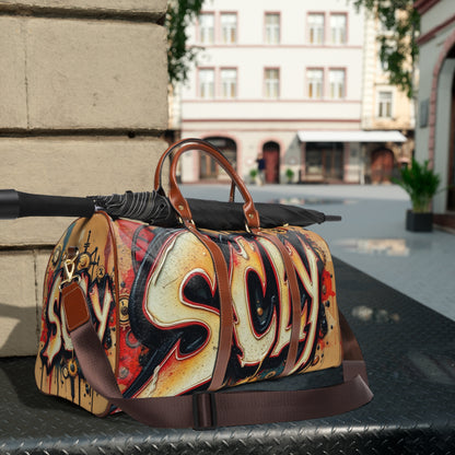 SCLY Leather Waterproof Travel Bag with Graffiti Design, Stylish Duffle Bag for Adventure, Sports, Gym, Beach, Perfect Gift for Travelers